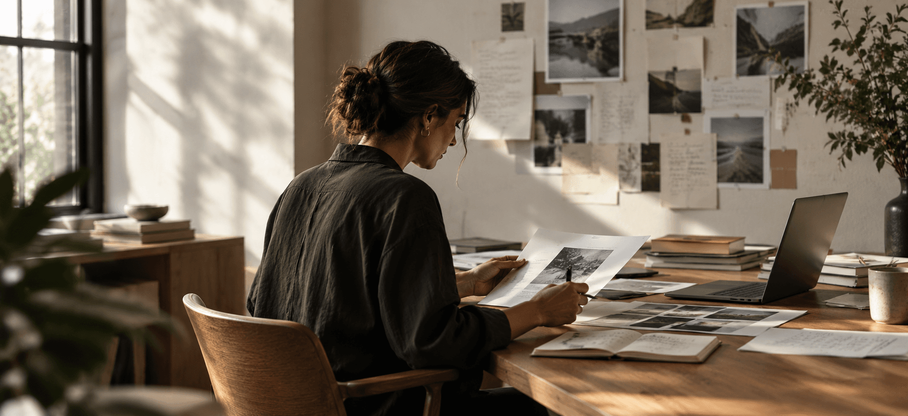 A woman at a wooden desk in warm window light, studying a printed photograph, pen in hand, beside a wall of pinned photographs and notes
