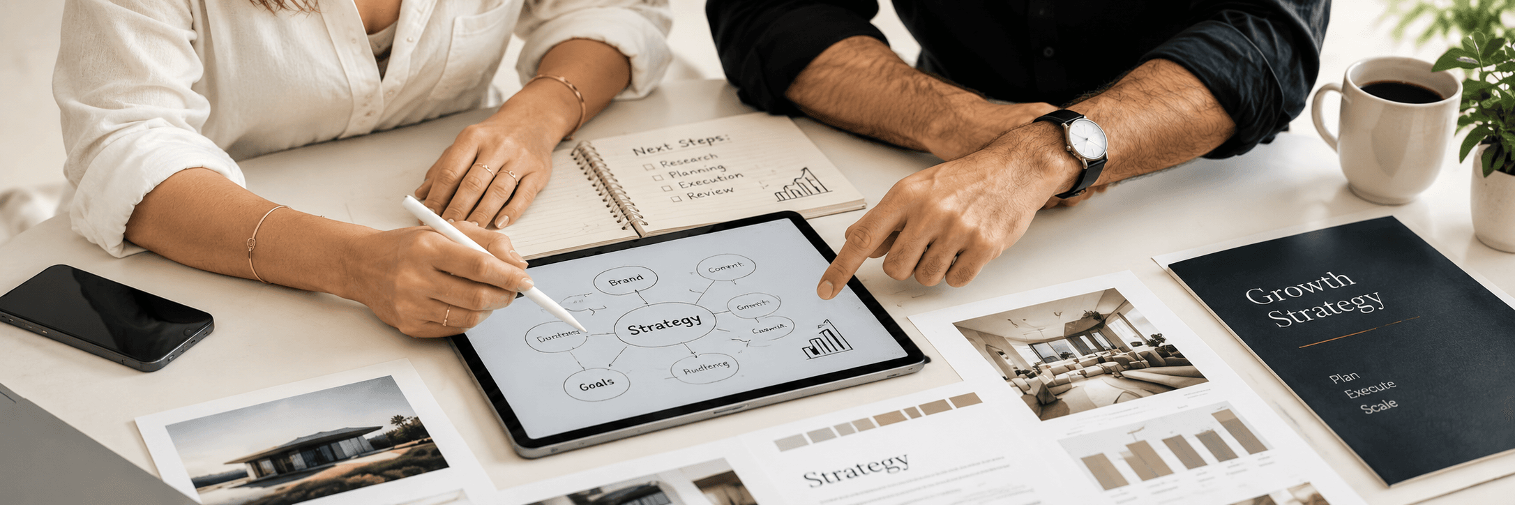 Two people working over a tablet beside a “Growth Strategy” notebook and printed images