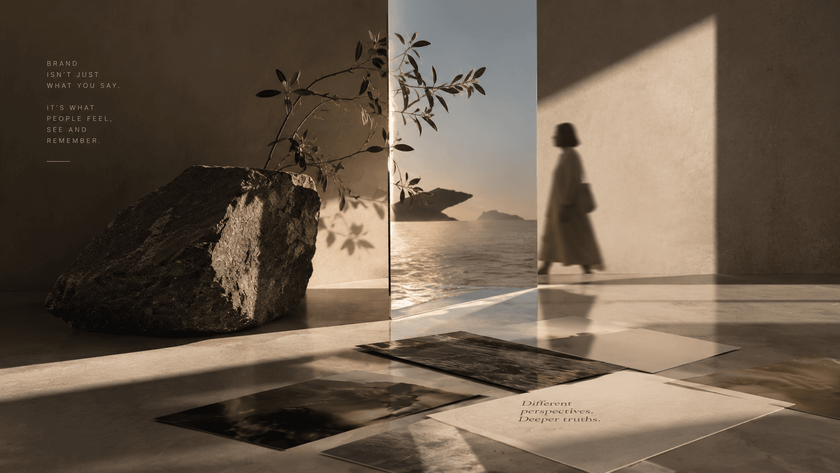 A figure walking through a sunlit gallery, a rock and a branch in the foreground