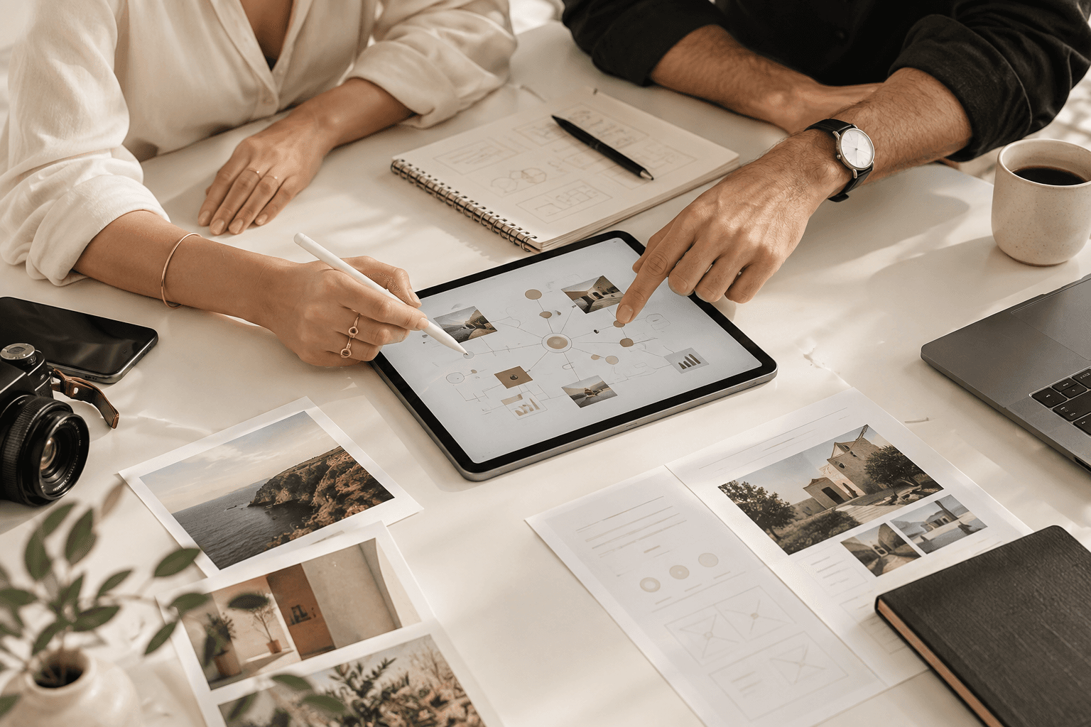 Two people at a table, pointing at a tablet among printed images