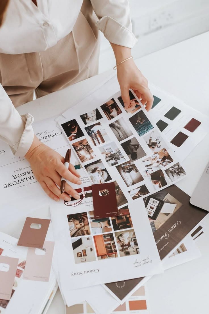 Hands arranging a grid of photographs into a moodboard on a white table