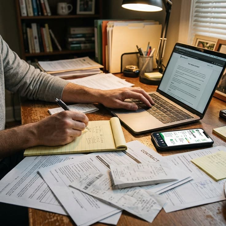 A person writing notes beside a laptop at a lamp-lit desk covered in papers